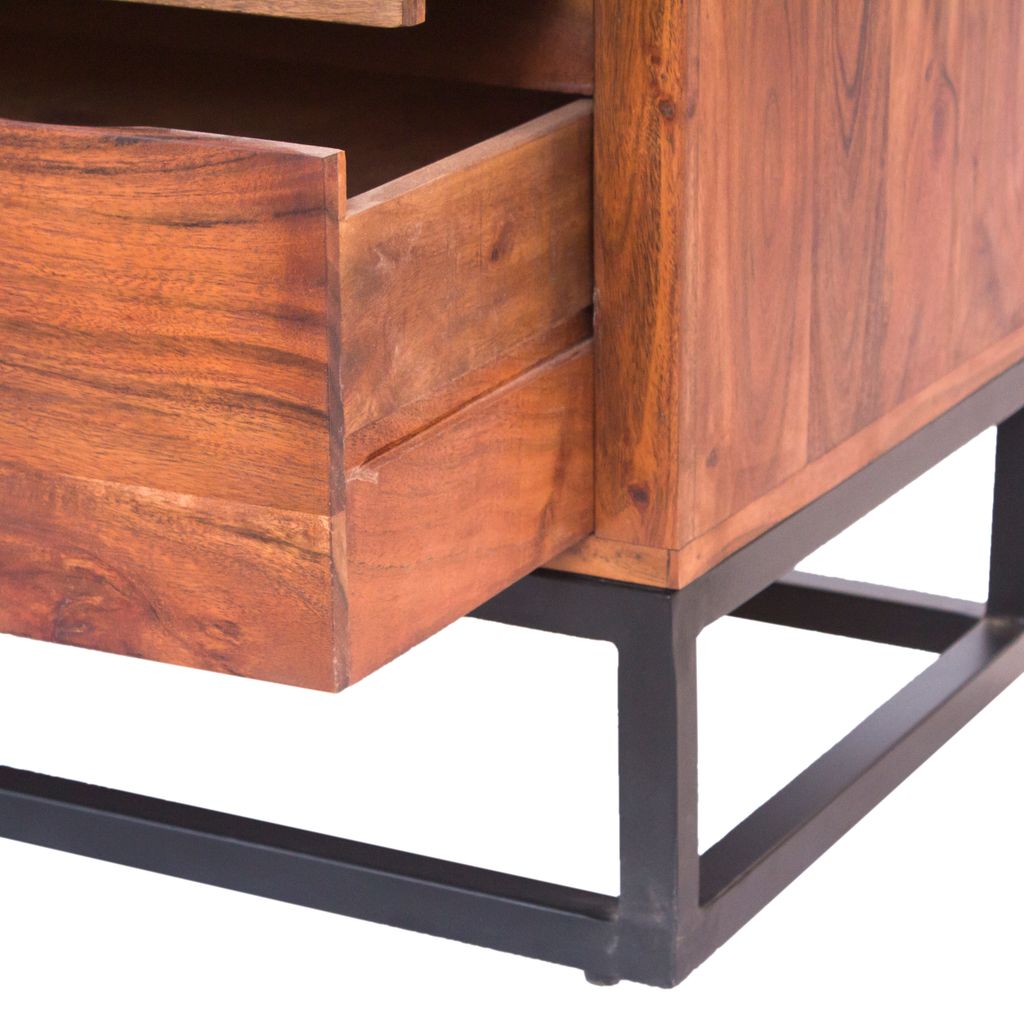 Modern Acacia Wood Dresser or Display Unit With Metal Base, Walnut Brown and Black - View 4