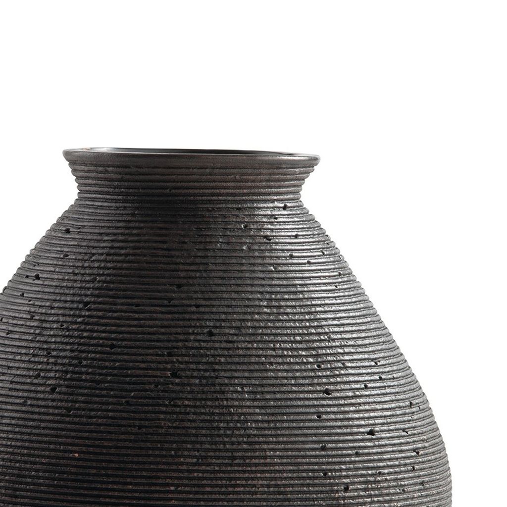 Dale 12 Inch Round Polyresin Vase, Wavy Ribbed Spiral Texture Antique Brown - View 2
