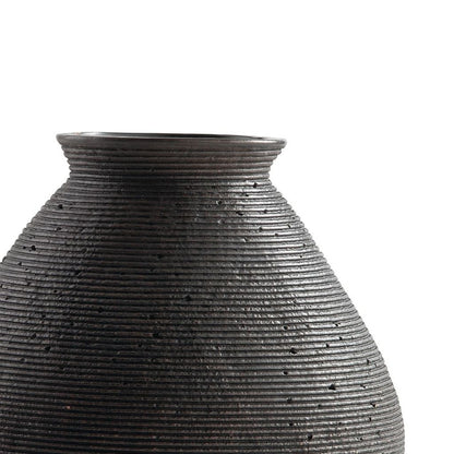 Dale 12 Inch Round Polyresin Vase, Wavy Ribbed Spiral Texture Antique Brown - View 2