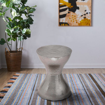 Industrial Style Hammered Texture Iron Stool with Hourglass Shaped Body, Silver - View 6