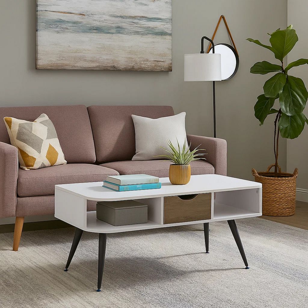 Coffee Table with Melamine Paper Veneer Top and 1 Drawer, White - View 7