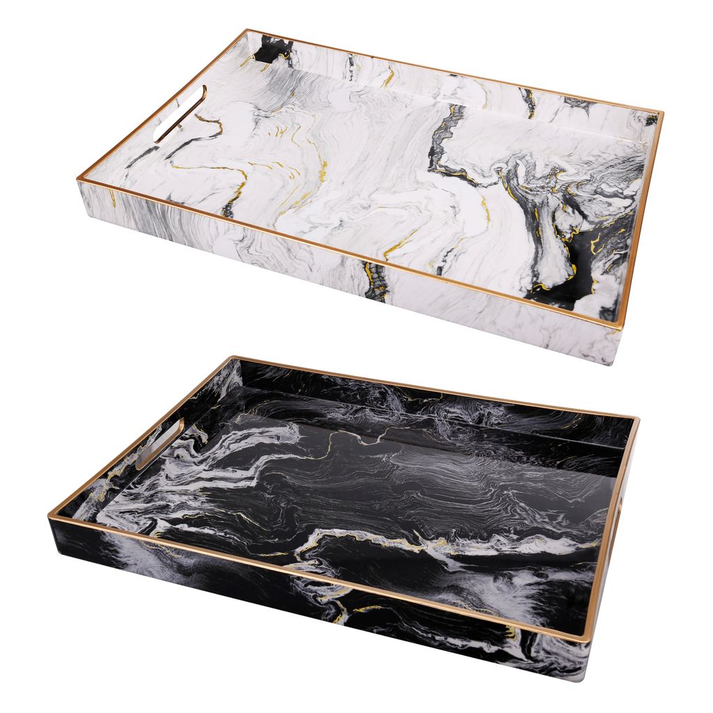 19, 18 Inch Set of 2 Modern Decorative Trays with Rims, Black and White