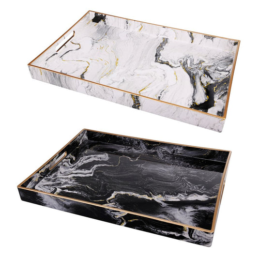 19, 18 Inch Set of 2 Modern Decorative Trays with Rims, Black and White