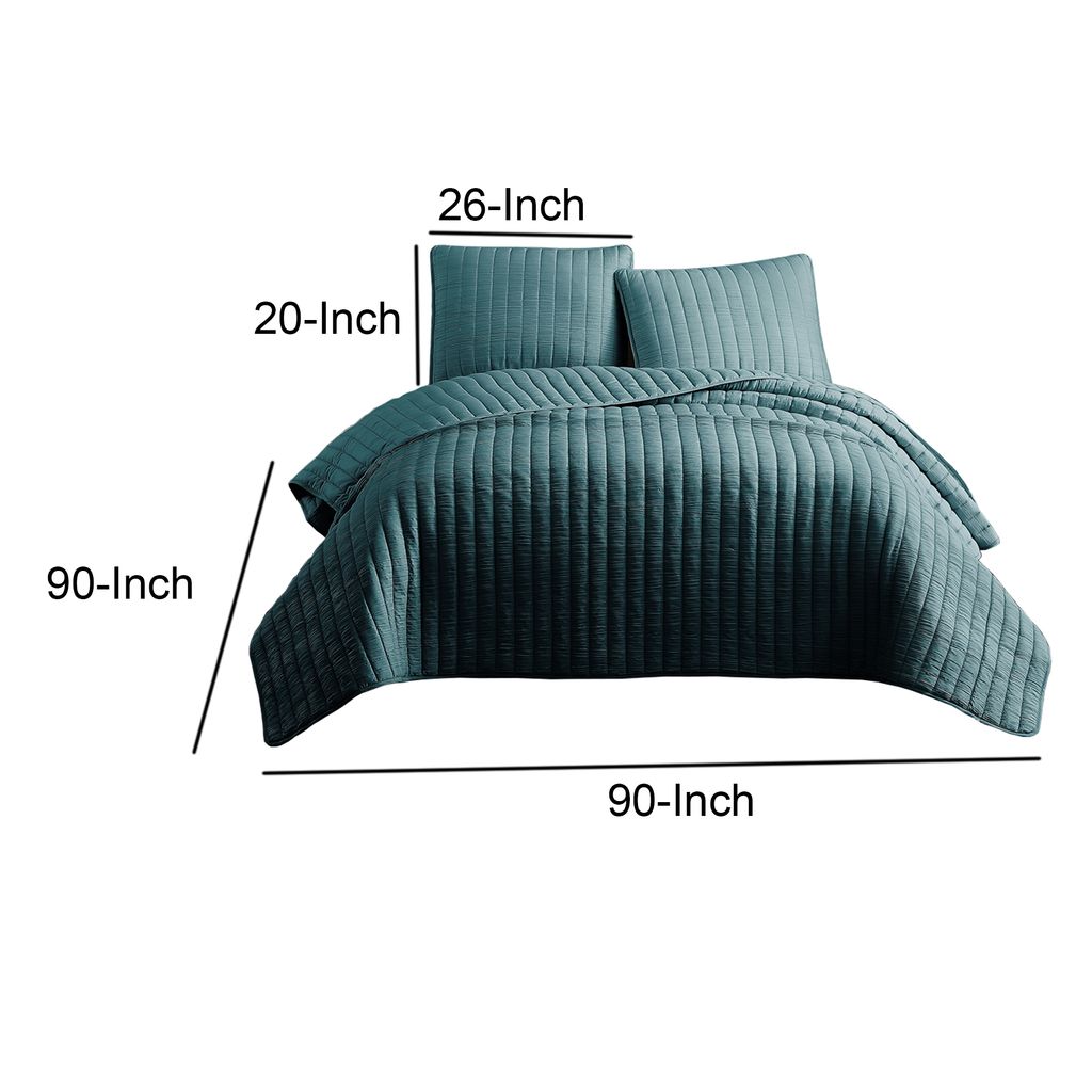 3 Piece Crinkle Queen Coverlet Set with Vertical Stitching, Turquoise Blue - View 6