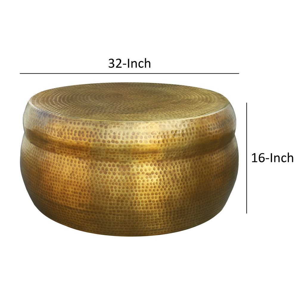 Kvira 32" Artisanal Round Drum Coffee Table, Hammered Embossed Texturing, Aluminum, Antique Brass - View 5