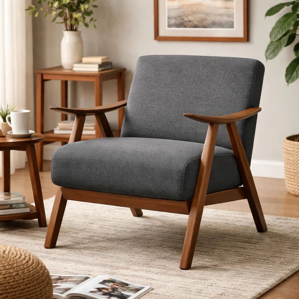 Fabric Upholstered Accent Chair with Curved Armrests, Gray - View 7