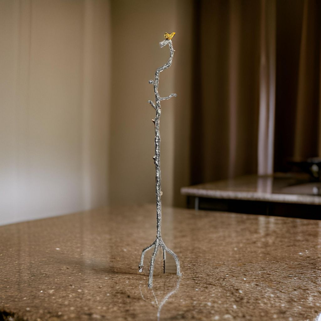 71 Inch Modern Aluminum Coat Stand, Branch Accent, Perched Bird, Silver - View 7