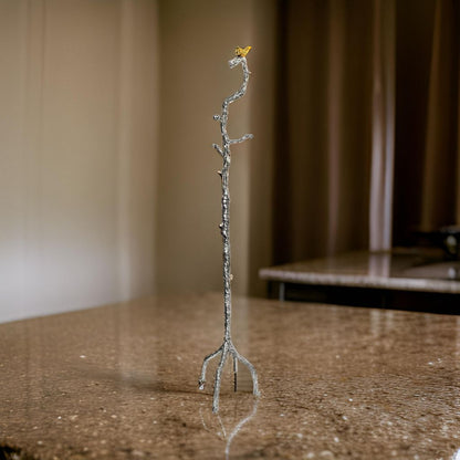 71 Inch Modern Aluminum Coat Stand, Branch Accent, Perched Bird, Silver - View 7
