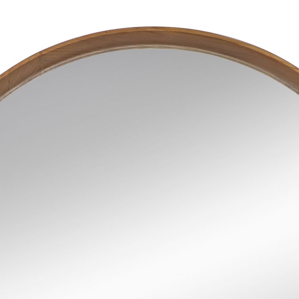 Roe 32 Inch Wall Mounted Round Mirror, Modern Brown Pine Wood Frame - View 3
