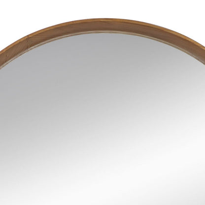 Roe 32 Inch Wall Mounted Round Mirror, Modern Brown Pine Wood Frame - View 3