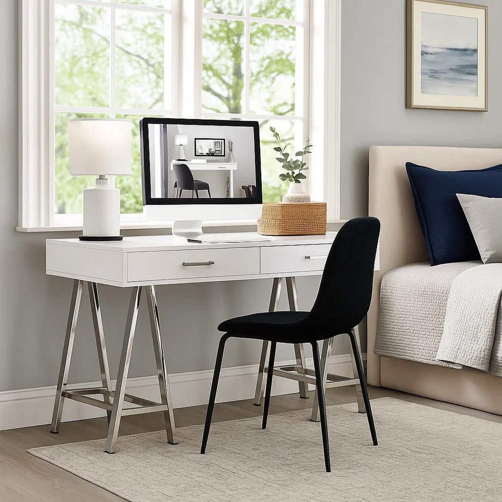 Writing Desk with MDF 2 Drawers and Metal Legs, White and Chrome - View 7