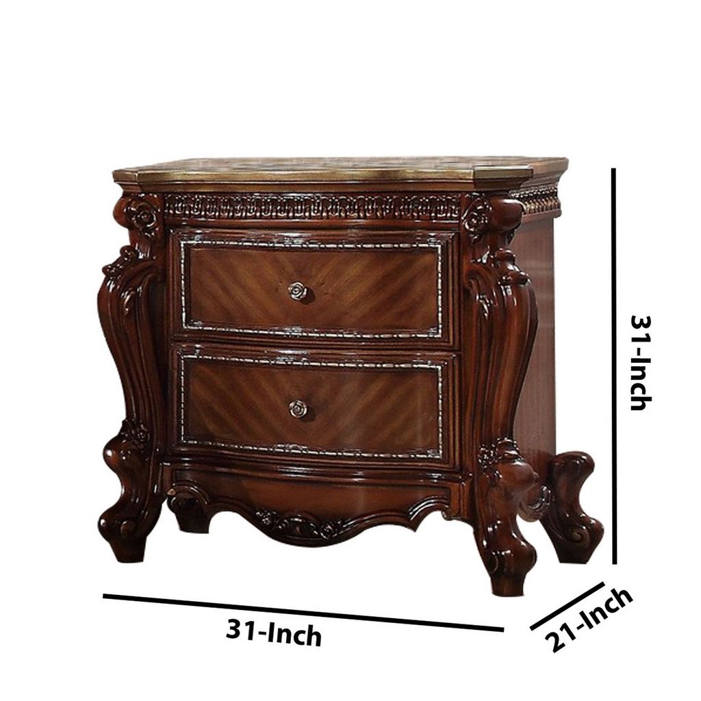 2 Drawer Wooden Nightstand with Metal Knobs and Carved Details, Brown - View 6