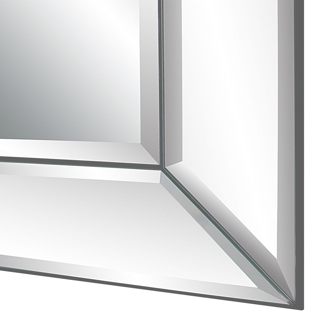 39 Inch Wood Mirror, Mirrored Frame, Beveled Panels, Silver - View 3