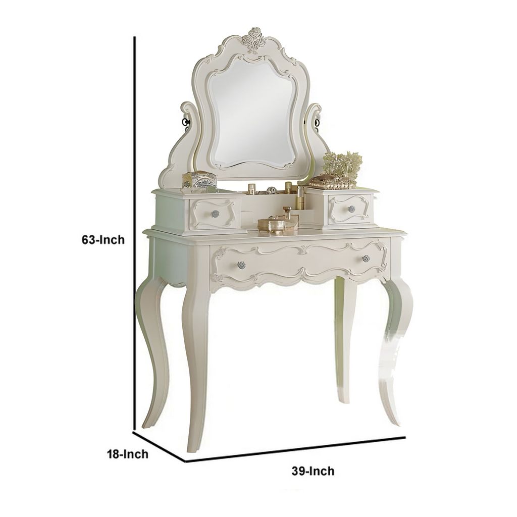 63 Inch Wood Classic Vanity Desk with Mirror, 3 Drawers, Carved, White - View 6