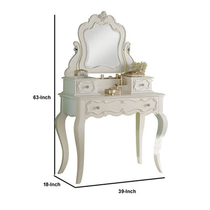 63 Inch Wood Classic Vanity Desk with Mirror, 3 Drawers, Carved, White - View 6
