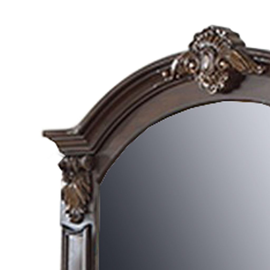 Scalloped Crown Top Wooden Frame Wall Mirror with Molded Details, Brown - View 2