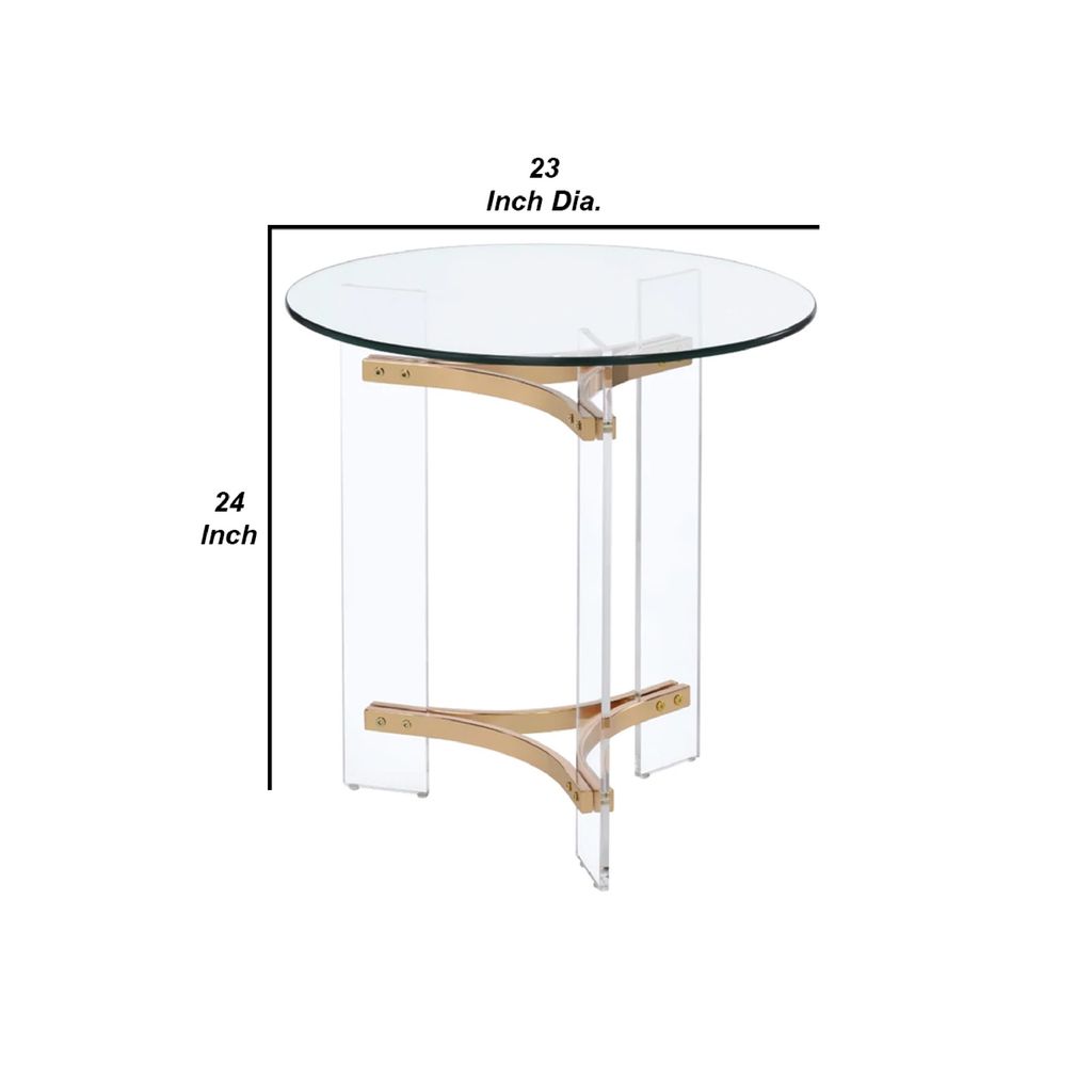 Hale 23 Inch Round End Table, Glass Top, Acrylic Legs, Clear, Gold - View 6