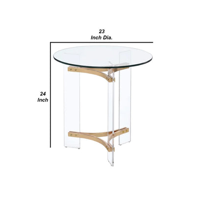 Hale 23 Inch Round End Table, Glass Top, Acrylic Legs, Clear, Gold - View 6