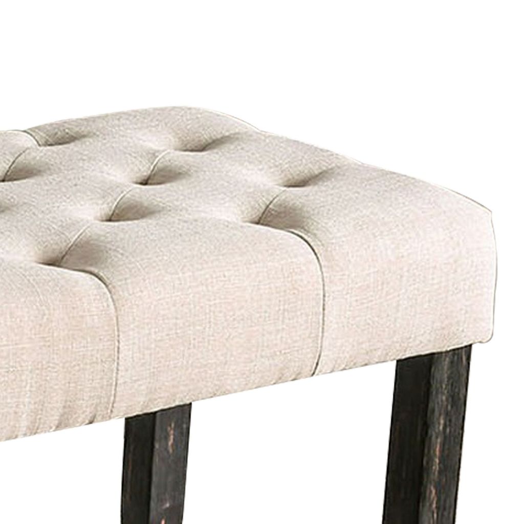 20 Inch Button Tufted Wooden Bench, Antique Black and Beige - View 5