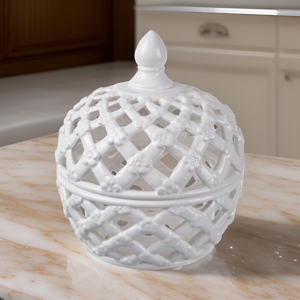 Decorative Ceramic Lidded Jar with Flower Motif Exterior, Small, White - View 6