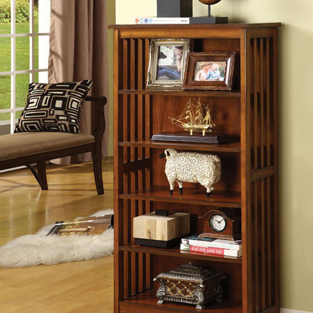 5 Tier Wooden Media Shelf with Slatted Side Panels, Oak Brown - View 3