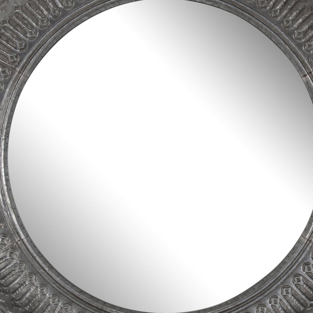 Round Wall Mirror with Thick Embossed Metal Border, Antique Gray - View 3