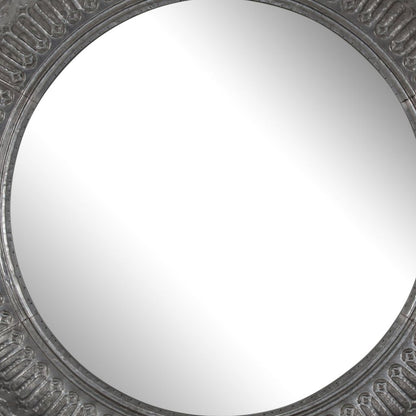 Round Wall Mirror with Thick Embossed Metal Border, Antique Gray - View 3