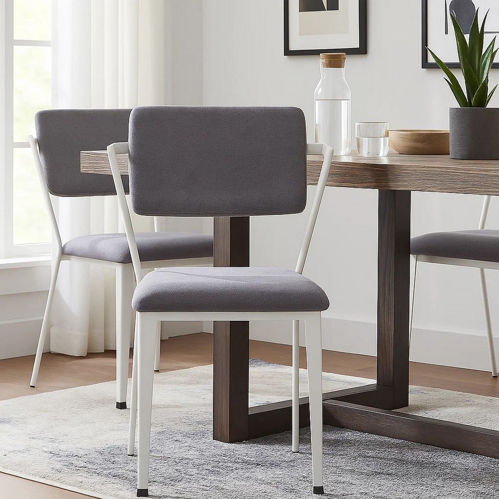 Metal Chair with Fabric Upholstery and Straight Legs, Gray and White - View 7