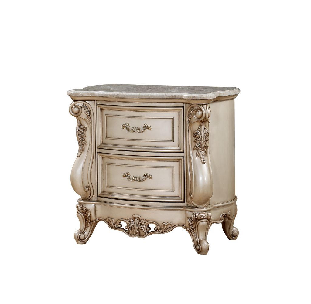 2 Drawer Nightstand With Raised Scrolled Floral Moulding, White