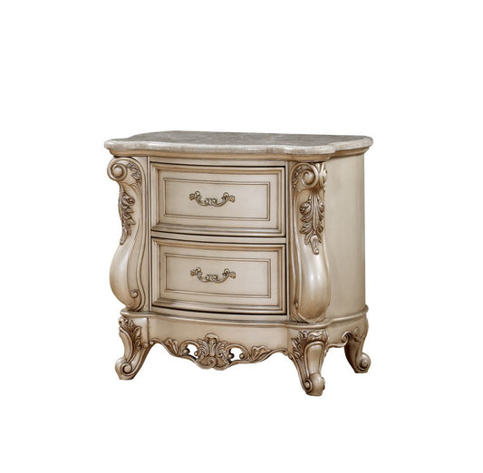 2 Drawer Nightstand With Raised Scrolled Floral Moulding, White