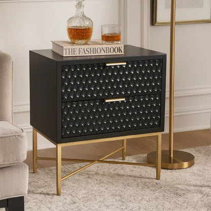 Rexi 26 Inch 2 Drawer Nightstand, Honeycomb, Mahogany Wood, Black, Gold - View 7