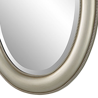 29 Inch Wood Wall Mirror, Beaded Oval Shape, Metallic Silver - View 5