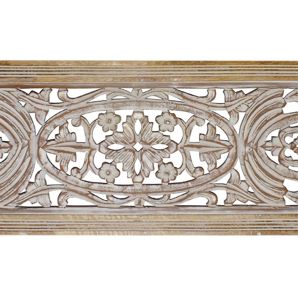 Rectangular Mango Wood Wall Panel Hand Crafted With Intricate Carving, White and Brown - View 5