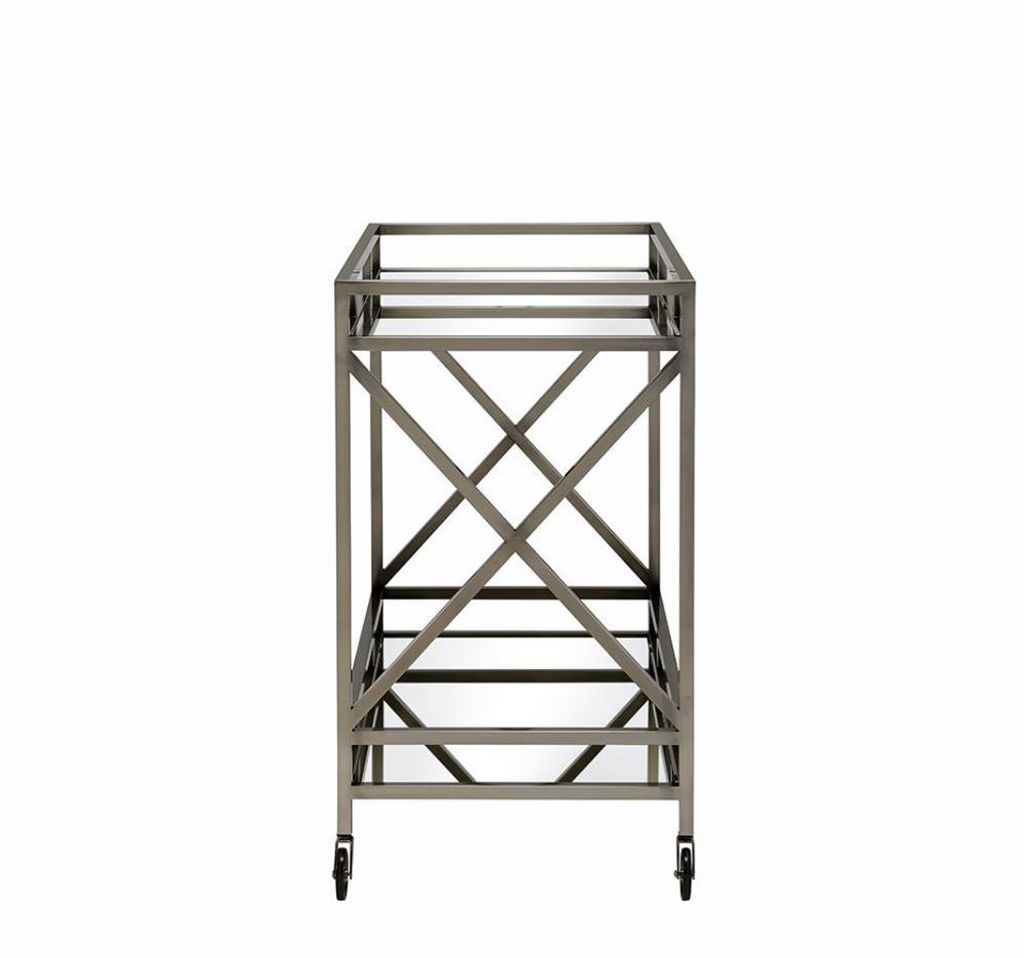 Metal Framed Two Tier Serving Cart with X Shaped Side Panels, Mirrored, Antique Gold - View 3