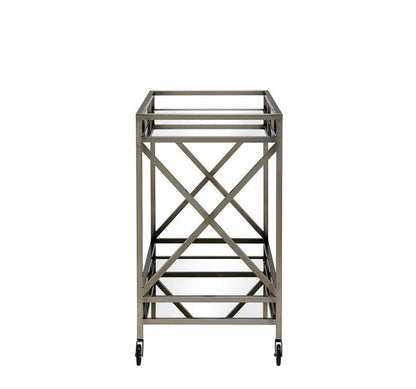 Metal Framed Two Tier Serving Cart with X Shaped Side Panels, Mirrored, Antique Gold - View 3