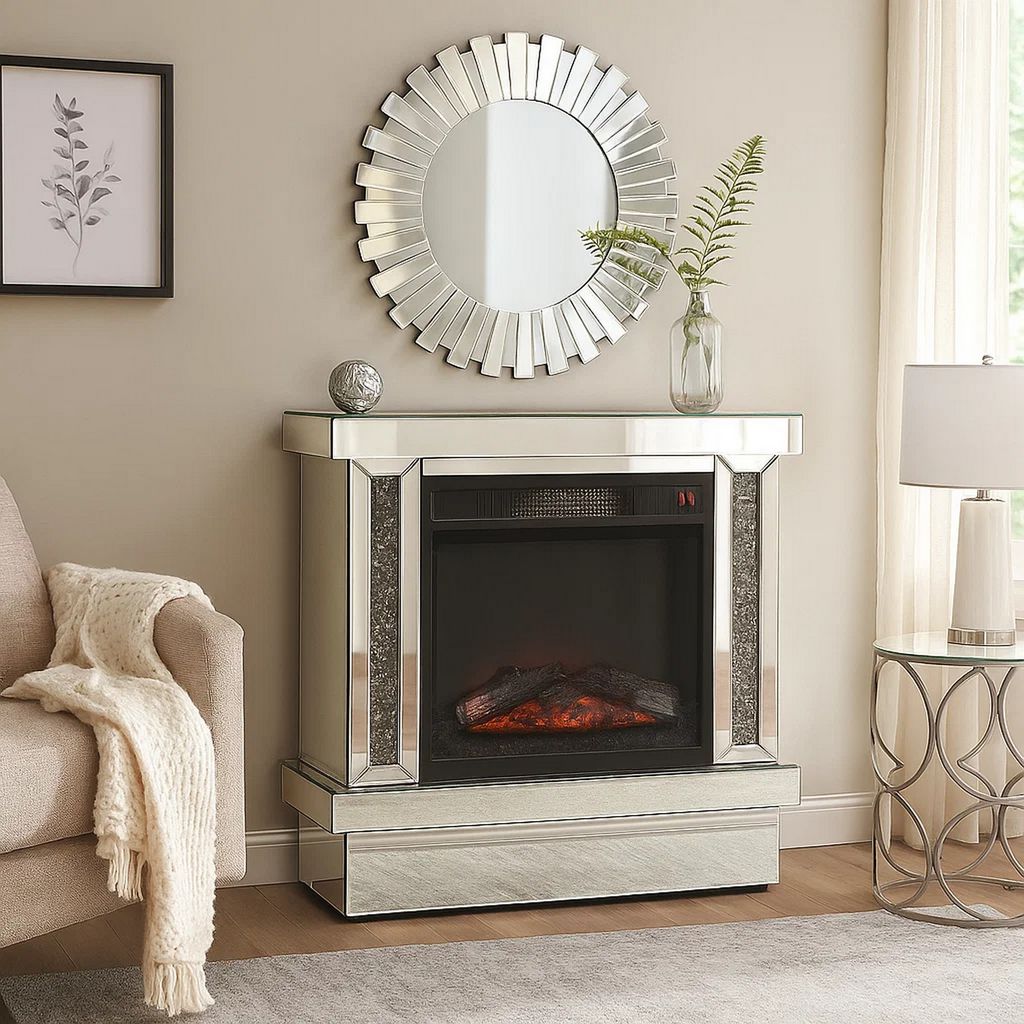 Electric Fireplace with Mirror Panel Framing and Faux Diamonds, Silver - View 7