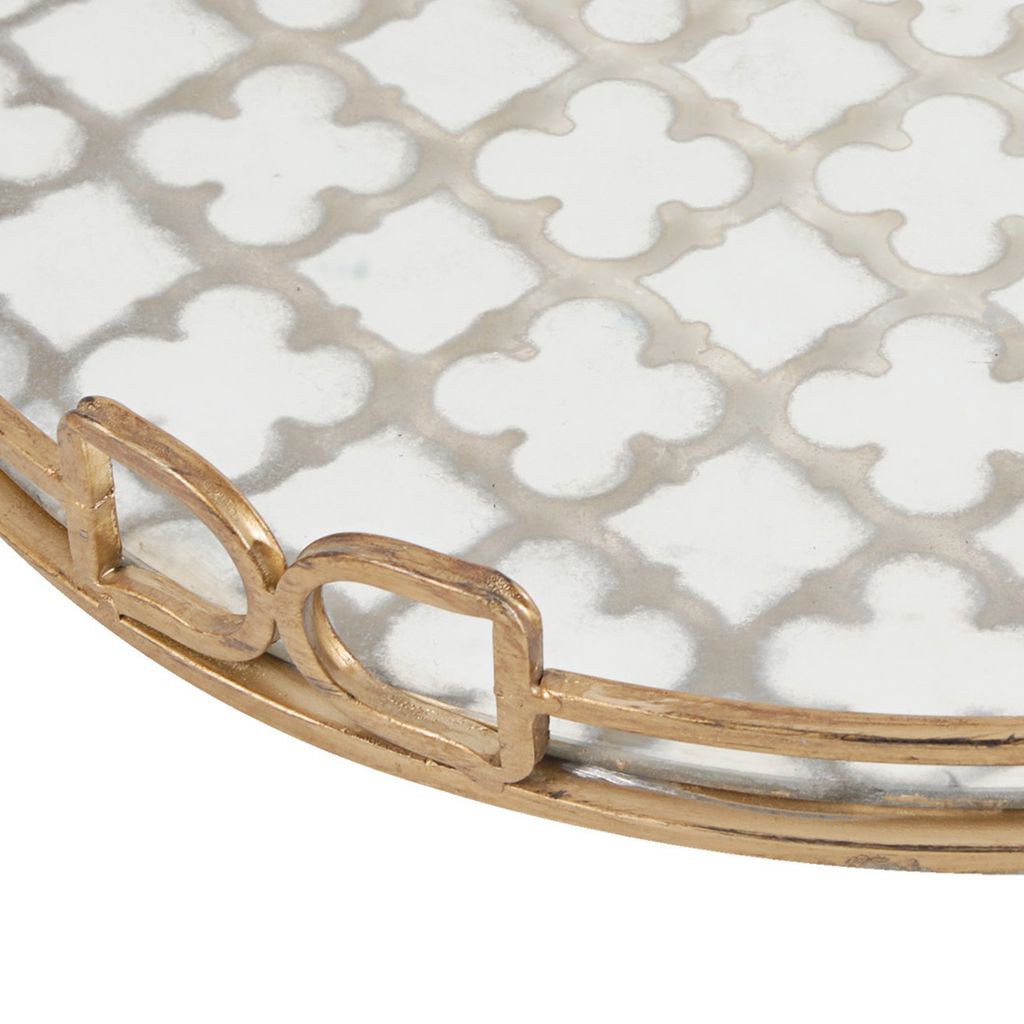 Sui 18 Inch Round Decorative Tray, Glass Bottom and Gold Geometric Frame - View 4