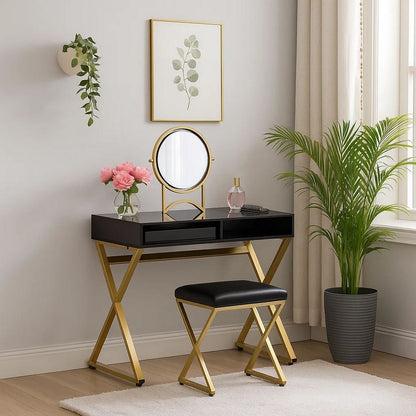 Vanity Desk with Round Mirror and Cross Metal Legs, Black and Gold - View 7