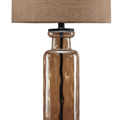 Glass Table Lamp with Fabric Drum Shade, Gold and Beige - View 3