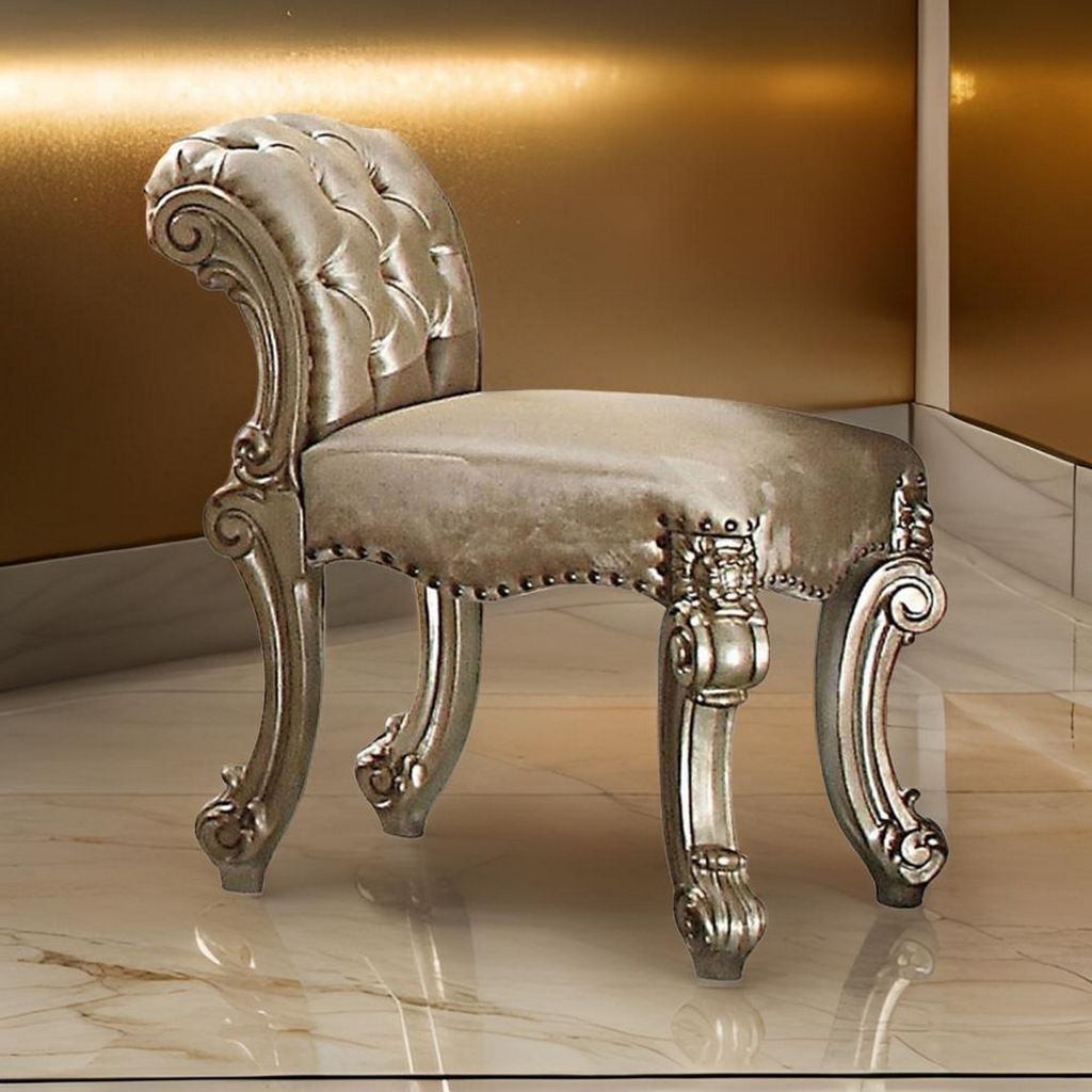 Fabric Upholstered Wooden Vanity Stool with Tufted Back, Gold & Bone White - View 7