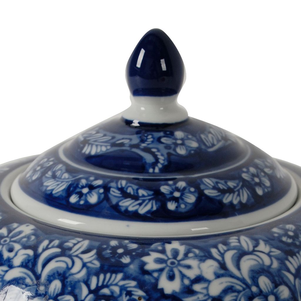 10 Inch Lidded Jar, Curved Round Persian Floral Print, Blue Porcelain - View 3