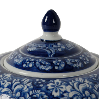 10 Inch Lidded Jar, Curved Round Persian Floral Print, Blue Porcelain - View 3