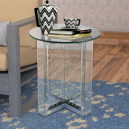Round Mirrored Metal End Table with Glass Top and Crystal Accent Base, Silver - View 7