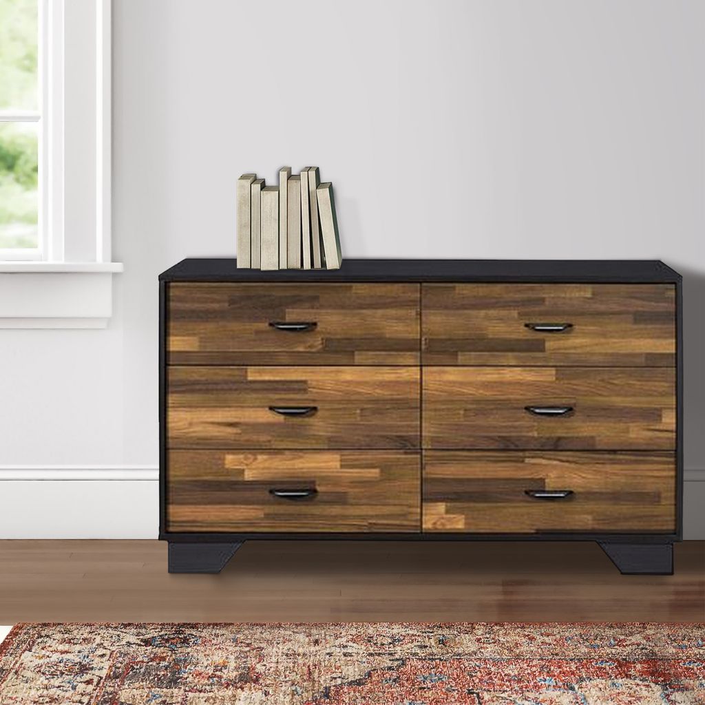 Dresser with 6 Drawers and Butcher Block Pattern, Brown and Gray - View 7