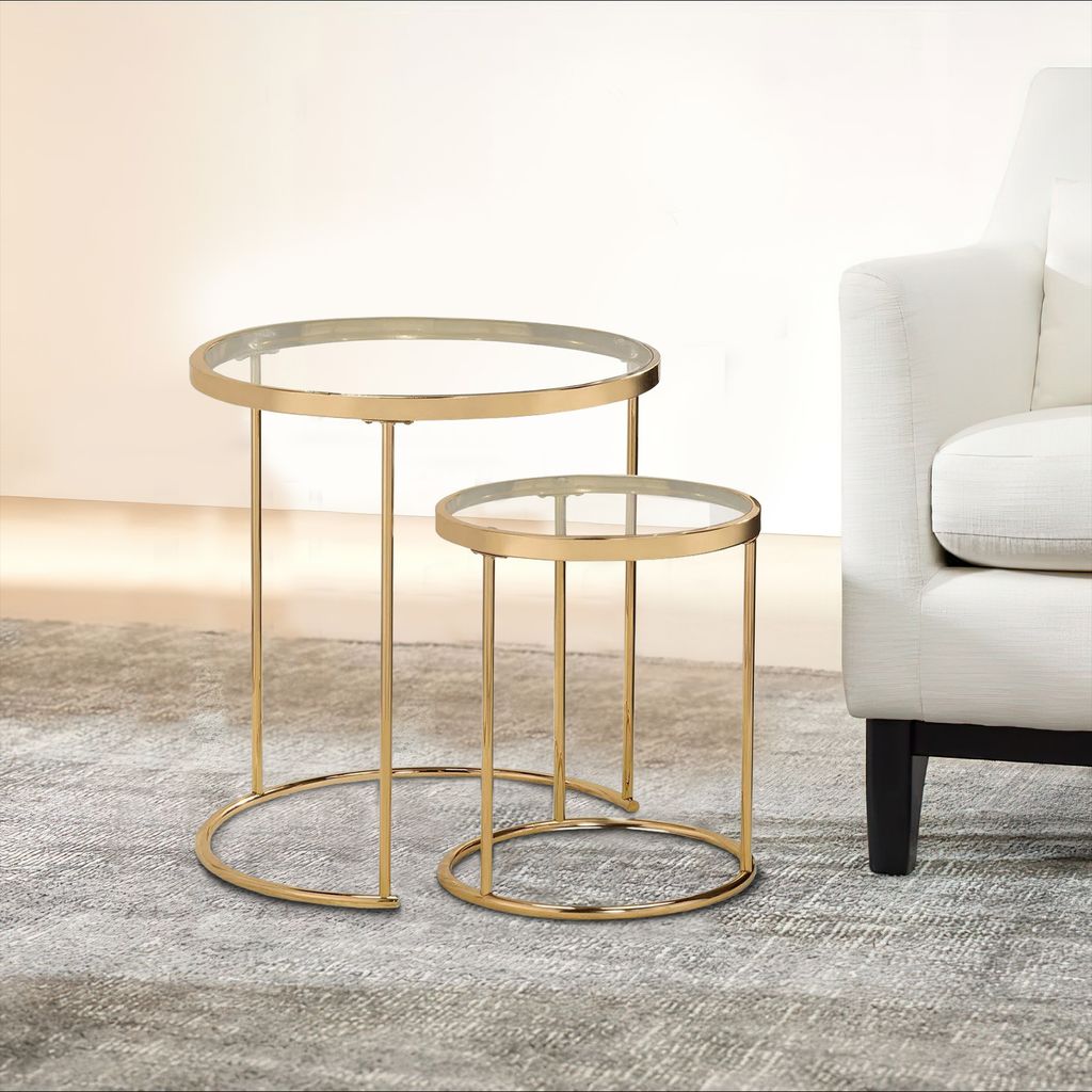 23 Inch Round Nesting Tables, Glass, Metal Base, Set of 2, Gold, Clear - View 6