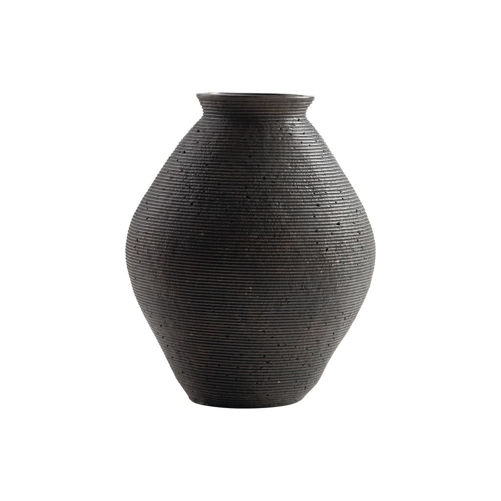 Dale 12 Inch Round Polyresin Vase, Wavy Ribbed Spiral Texture Antique Brown