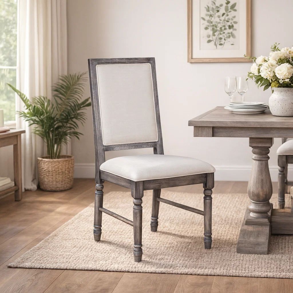 Linen Dining Side Chair with Turned Legs, Set of 2, Gray - View 7