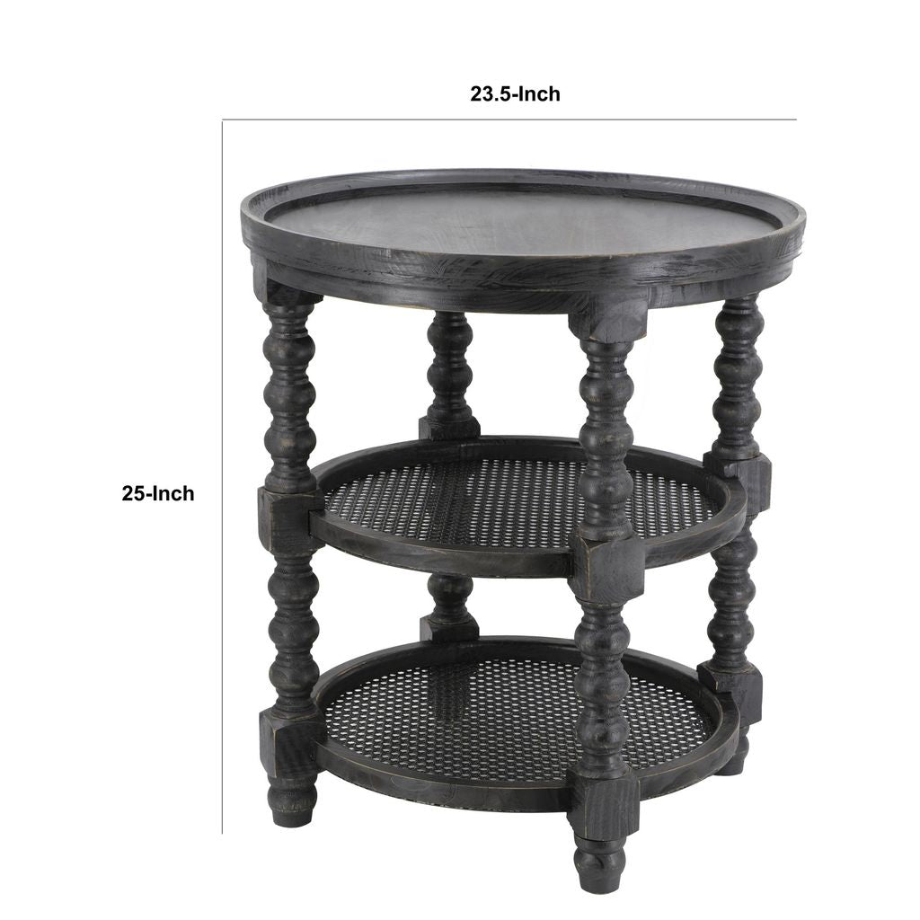 Jake 25 Inch 3 Tier Side Table, Fir Wood, 2 Woven Wicker Shelves, Black - View 6