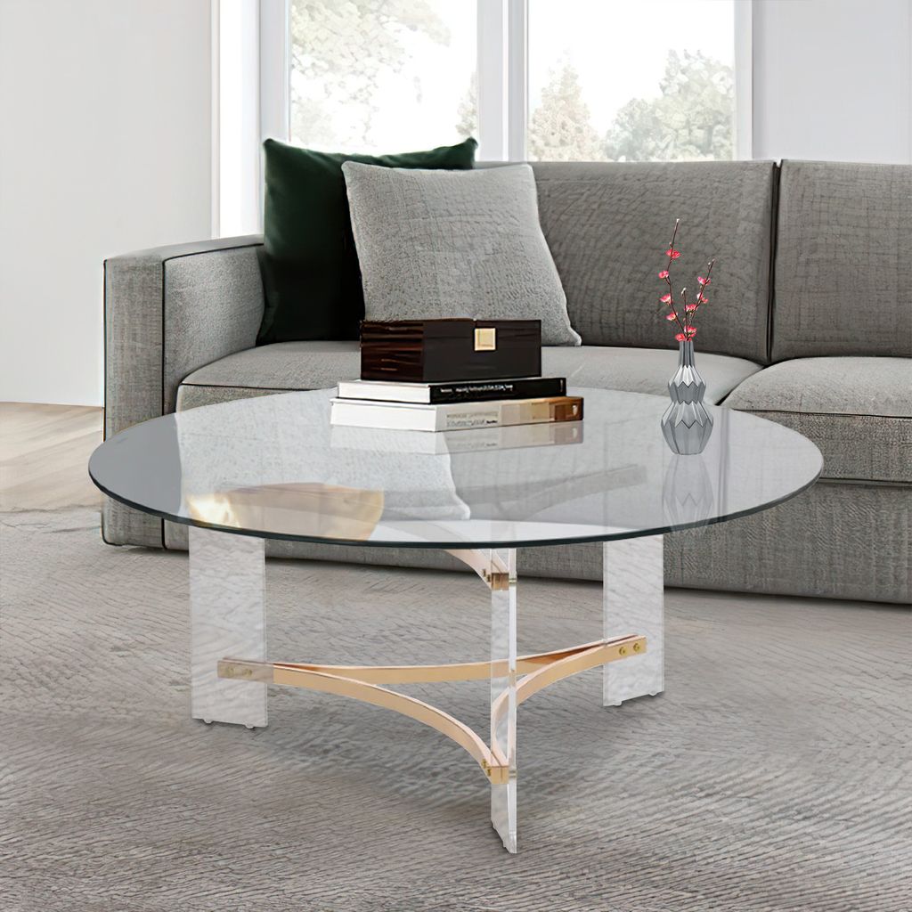 Hale 41 Inch Round Coffee Table, Glass Top, Acrylic Legs, Clear, Gold - View 7
