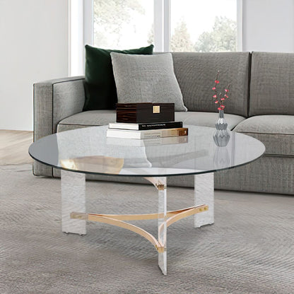 Hale 41 Inch Round Coffee Table, Glass Top, Acrylic Legs, Clear, Gold - View 7